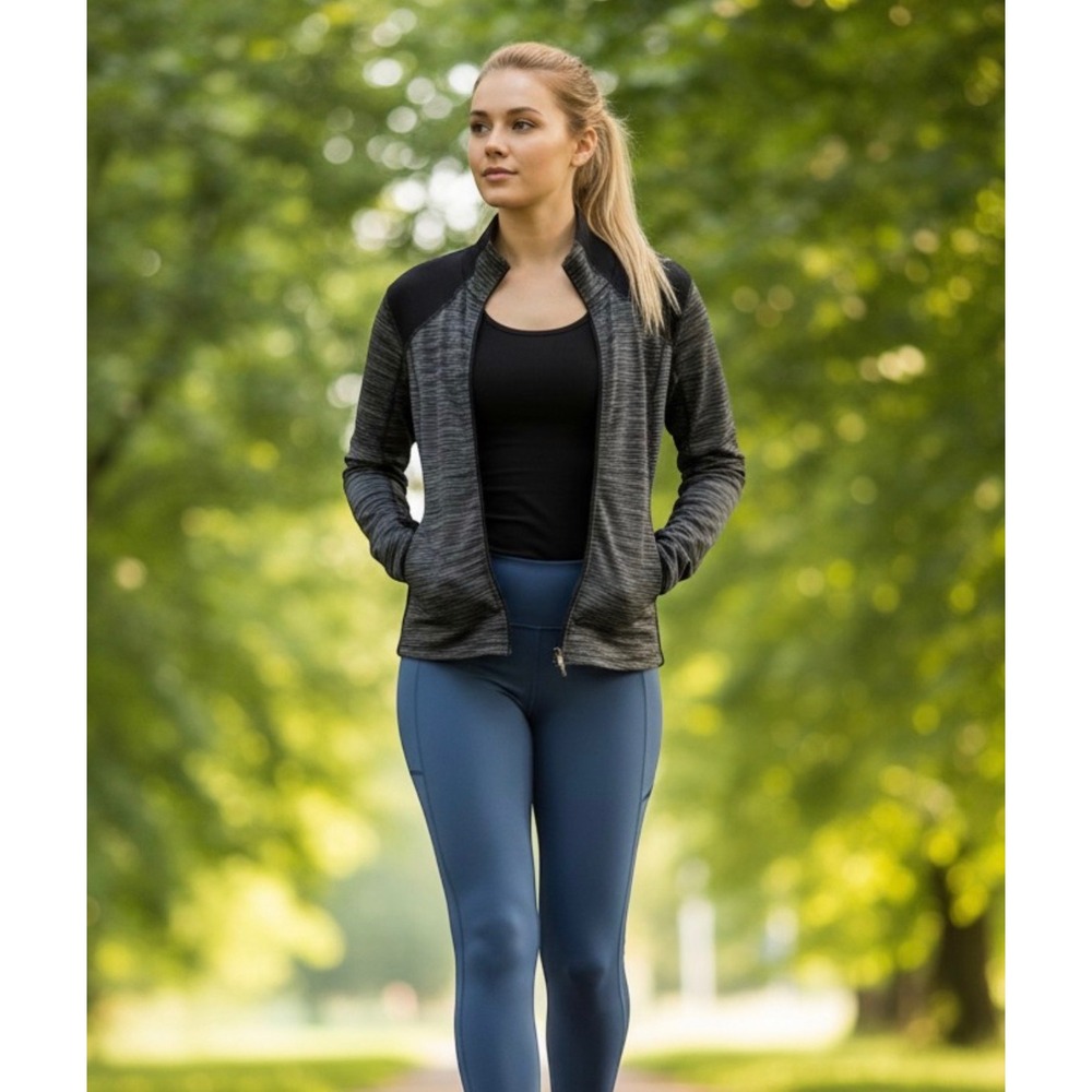 Tek Gear DryTek Jacket Women Large Black Striped Full Zip Thumbhole Activewear